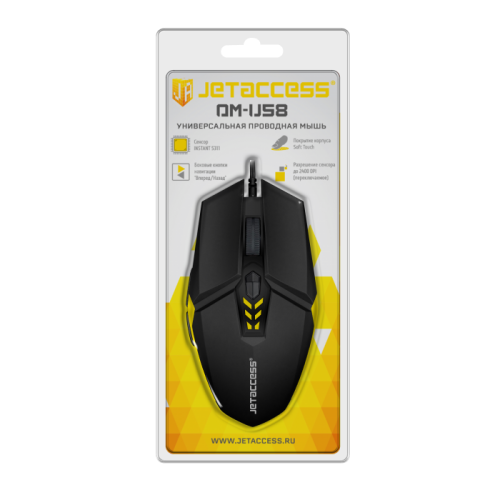 Проводная оптическая мышь JETACCESS OM-U58 черно-желтая (800/1200/2400/3200dpi, 6 кнопок, USB)